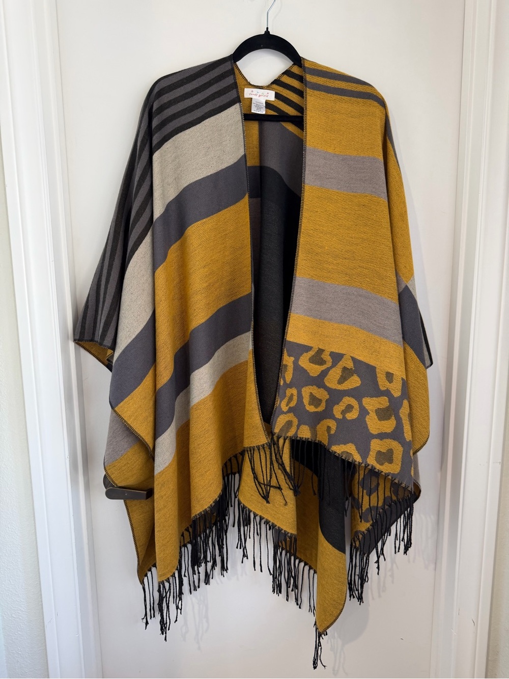 Women’s Mustard & Gray Striped Fringe Cape Coat NWT One Size